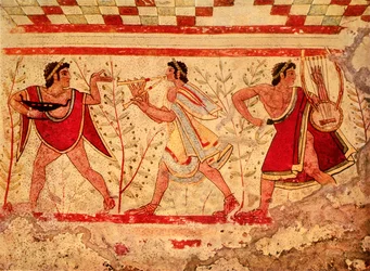 Etruszk zenészek, egy i. e. 5. századi freskó másolata a tarquiniai Leopárdok sírjából